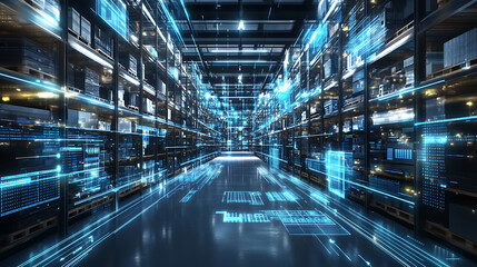 Poster - Futuristic technology retail warehouse, a digital warehouse with electronic grids connected to a barcode scanner banner background