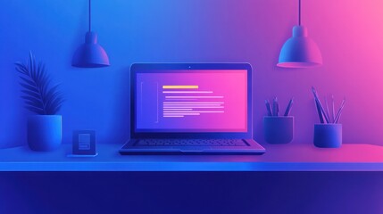 Night coder's desk, neon lights, coding project