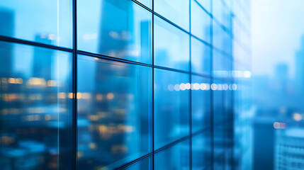 Aufkleber - Glass wall of a modern business office building in city in blue light and blurred background, business concept