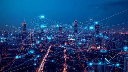 Poster - Global network connection, covering the city with lines of innovative perception, the concept of 5g wireless digital communication and the future of the internet of things