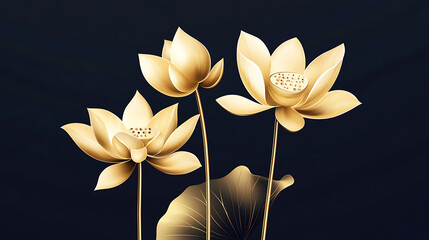 Poster - Golden lotus flowers, beautiful, minimalistic print for your decor for postcard, congratulations and poster