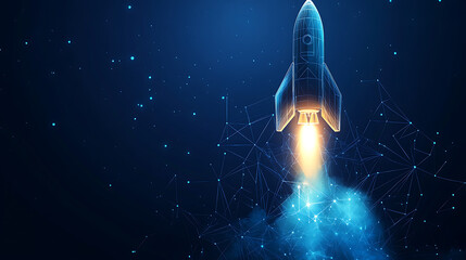Aufkleber - Graphite rocket launch concept, blue geometric background, wireframe light connection structure, modern 3d graphic concept, isolated illustration