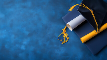 Poster - Graduation cap and diploma web banner, graduation mortar hat and degree on blue panoramic background with copy space