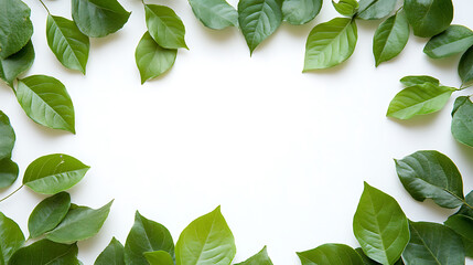 Poster - Green leaves decorated white background and copy space