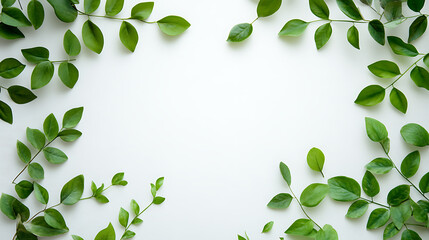 Poster - Green leaves decorated white background and copy space