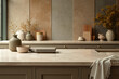 © lina - sleek modern kitchen island with beige countertop and earthy decor