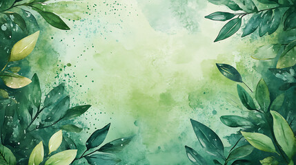 Poster - Green watercolor foliage abstract background with hand-painted leaves and splashes