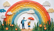© Oleksandr Bochkala - Paper craft illustration for Father's Day theme: adult protects child with umbrella under rainbow, symbolizing care, safety and happy childhood