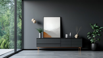 Aufkleber - Grey living room interior with dresser and panoramic window, mockup frame