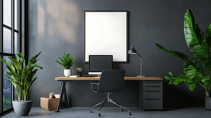 Poster - Grey office room interior with desk and computer, mockup frame