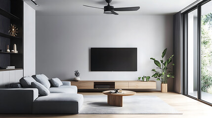 Aufkleber - Grey sofa against tv unit, scandinavian home interior design of modern living room with fan lamp on ceiling