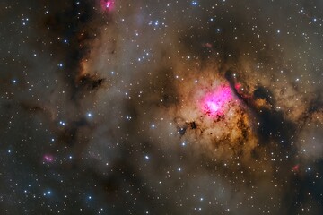 cosmic galaxy background with twinkling stars and nebula clouds.