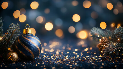 Poster - Panoramic background with blue gold bokeh effect, golden abstract lights on dark holiday illumination and decoration concept