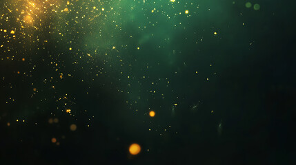 Wall Mural - panoramic background with green gold bokeh effect, golden abstract lights on dark holiday illuminati