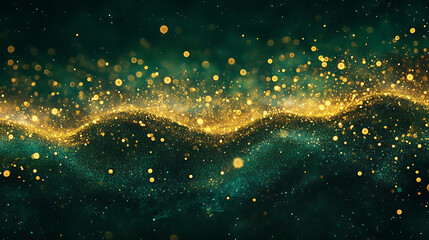 Aufkleber - Panoramic background with green gold bokeh effect, golden abstract lights on dark holiday illumination and decoration concept