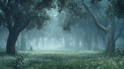 Poster - Panoramic view of a foggy forest, background image