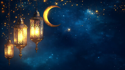 Aufkleber - Islamic decoration background with lantern and crescent moon luxury style, beautiful muslim invitation with ramadan, eid mubarak, religion background, ai