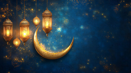 Wall Mural - islamic decoration background with lantern and crescent moon luxury style, beautiful muslim invitati