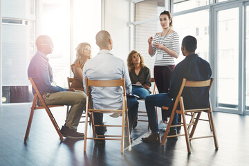 Aufkleber - Woman, workshop and circle for training in office with diversity, meeting and brainstorming for solution. Person, presentation and group in scrum, teamwork and listening to ideas at creative agency