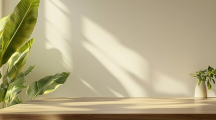 Wall Mural - natural light streaming through leaves creates a warm atmosphere in a modern indoor space with minim