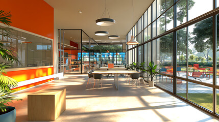 Fototapete - Perspective view on design project of modern office interior with stylish workspaces behind glass walls and panoramic window, 3d rendering