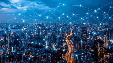 Fototapete - Concept of smart cities and communication networks, 5g, internet of things (iot), telecommunications