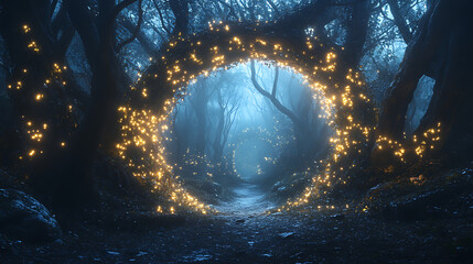 Poster - Portal of braided trees and fairy lights in misty forest