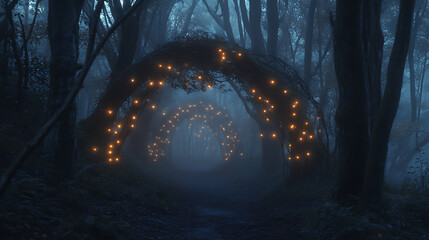 Wall Mural - portal of braided trees and fairy lights in misty forest
