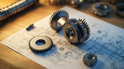 Aufkleber - Precision engineering with metal gears and technical blueprints on wooden table