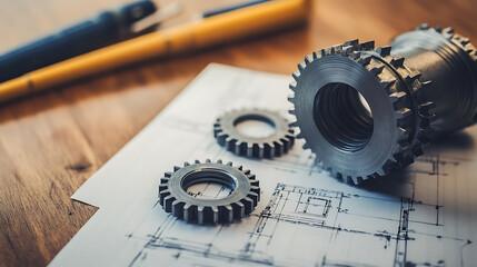 Aufkleber - Precision engineering with metal gears and technical blueprints on wooden table