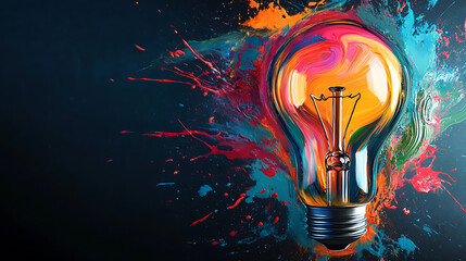 Poster - Creative inspiration concept with clorful lightbulb made from liquid paint on dark background
