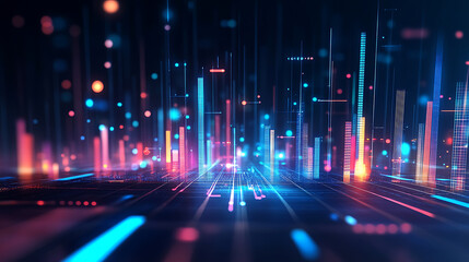 Poster - Abstract graph visualization of business statistics complexity analytical diagrams in technology background bright neon dark