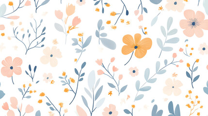 Poster - Cute tiny pastel spring flowers and foliage pattern on a white background