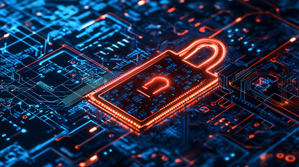 Poster - Cyber security concept, circuit board and lock