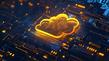 Fototapete - Data storage and cloud computing concept with digital yellow cloud symbol with arrow up and micro circuit inside on dark background, 3d rendering