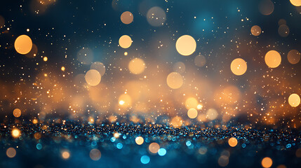 Poster - Decoration twinkle glitters background, abstract blurred backdrop with circles, modern design overlay with sparkling glimmers, blue, teal and golden orange backdrop glittering sparks with glow effect