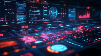 Poster - Dashboard with data visualization and analytics complexity graphs analytical diagrams in technology background bright neon dark