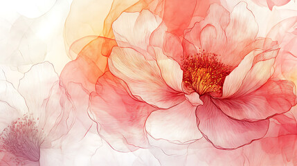 Poster - Abstract peony flower line art background, exotic nature design for cover, wall art, invitation, fabric, poster, canvas print in watercolor style