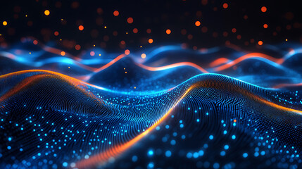 Fototapete - Abstract digital art of glowing, undulating waves with orange bokeh effects on a blue and red gradient background