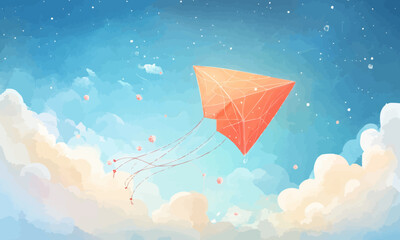 Wall Mural - starting new year setting goals concept. dreamy kite doodle with hopes and dreams strings floating i