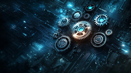 Fototapete - Abstract blue digital technology background with gears and cogs, dark color palette