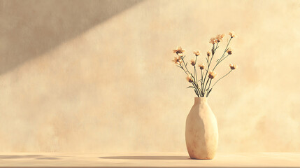 Poster - Drawing with vase of flowers with light reflection on it, set against an empty wall background, aesthetic minimalism, rendered in a soothing palette of beige, natural, and neutral colors