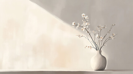 Poster - Drawing with vase of flowers with light reflection on it, set against an empty wall background, aesthetic minimalism, rendered in a soothing palette of beige, natural, and neutral colors