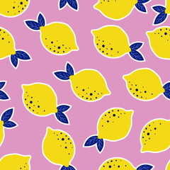 Fototapete - The image features a repeating pattern of yellow lemons with dark blue leaves on a pink background. The lemons are stylized with a white outline and have small dark blue dots.