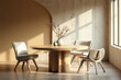 © lina - minimalist round wooden dining table with four light beige chairs in a sunlit room