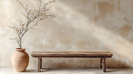 Poster - Rustic wooden bench and clay vase with branch near beige grunge stucco wall with copy space, japandi, wabi-sabi home interior design of modern living room