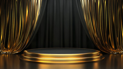 Aufkleber - Elegant gold and black podium with curtain for product presentation, illustration
