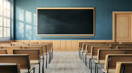Aufkleber - Empty classroom concept with blackboard and wooden chairs