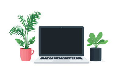 Wall Mural - modern workspace with a sleek laptop, coffee cup, and potted plants, bright natural light creating a