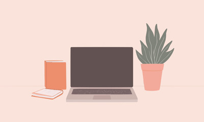 Wall Mural - minimalist workspace featuring a sleek laptop, a notebook, and a potted plant, illuminated by soft n